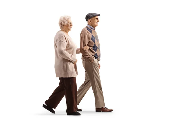 Full Length Profile Shot Elderly Man Woman Walking Hand Hand — Stock Photo, Image