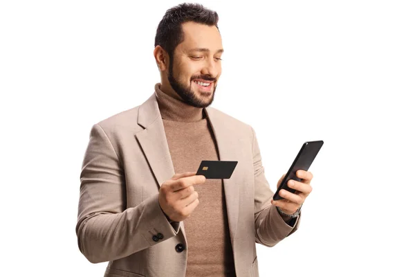 Charmant Homme Élégant Utilisant Une Carte Crédit Téléphone Portable Isolé — Photo