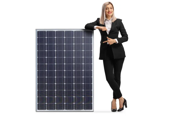 Full Length Portrait Young Professional Woman Leaning Solar Panel Pointing — 스톡 사진