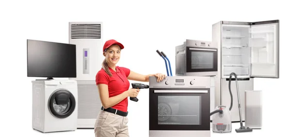 Reapir Woman Drill Oven Electrical Appliances Store Isolated White Background — Stock Photo, Image