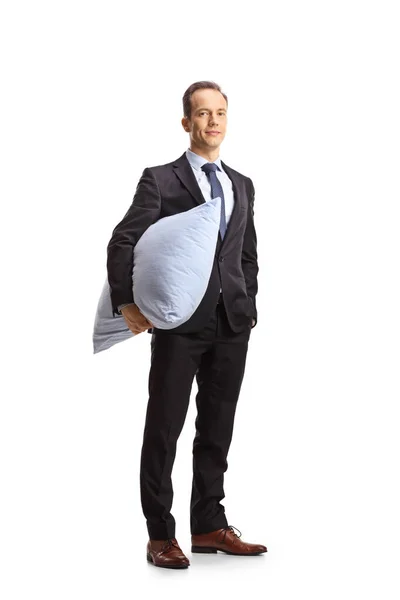 Businessman Holding Pillow Looking Camera Isolated White Background — стоковое фото