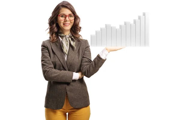 Young Female Holding Bar Chart Diagram One Hand Isolated Hite — Stock Photo, Image