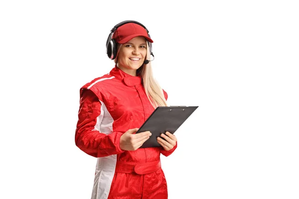 Female Race Team Member Writing Document Isolated White Background — Foto de Stock