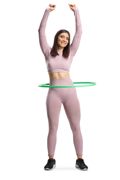Full Length Portrait Fit Woman Sportswear Exercising Hula Hoop Smiling — Stock Photo, Image