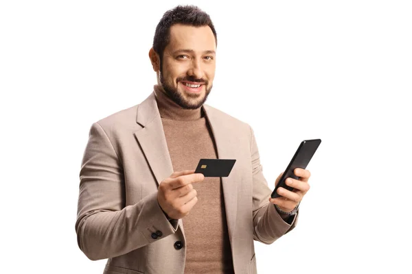 Young Man Credit Card Mobile Phone Looking Camera Smiling Isolated — Photo