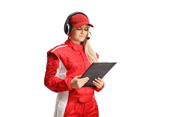 Female Race Team Member Reading Document Isolated White Background — Foto de Stock