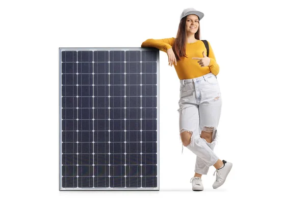Full Length Portrait Female Student Leaning Solar Panel Pointing Isolated — Stock Photo, Image