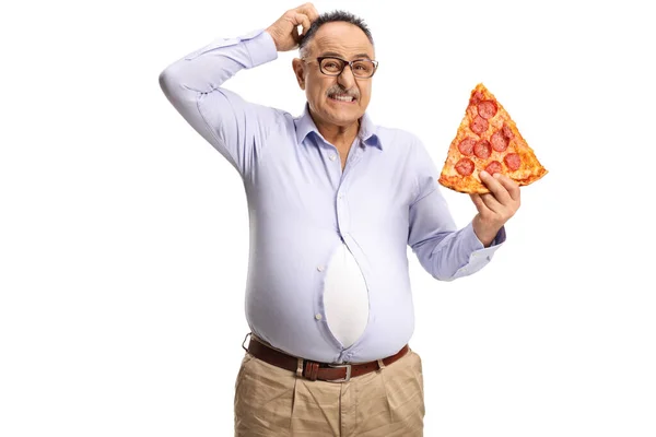Mature Man Holding Slice Pepperoni Pizza Feeling Guilty Isolated White — стоковое фото