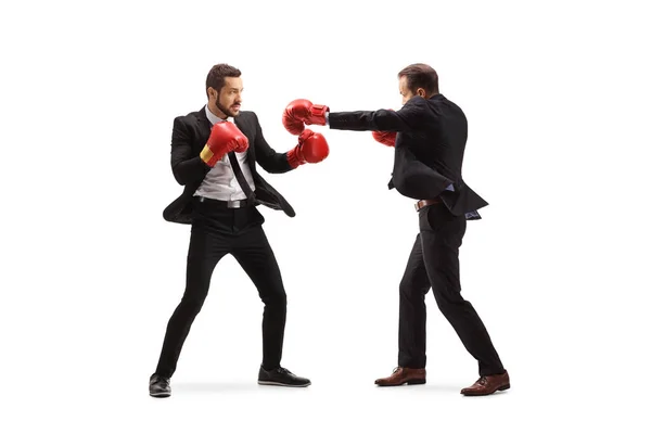 Full Length Profile Shot Two Businessmen Fghting Boxing Gloves Isolated — Photo