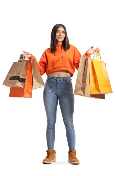 Full Length Portret Van Een Jonge Vrouw Jeans Oranje Sweatshirt — Stockfoto