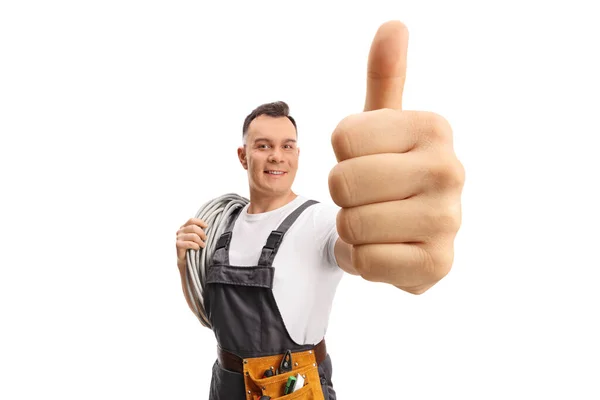 Electrician Carrying Cables His Shoulder Showing Thumbs Isolated White Background — 스톡 사진