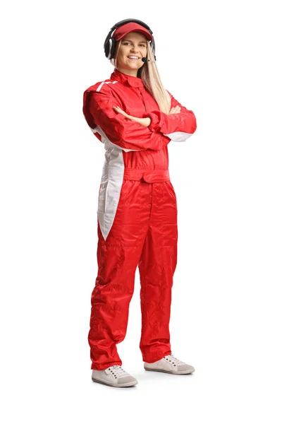 Female Race Team Member Red Suit Posing Isolated White Background — Stock Photo, Image