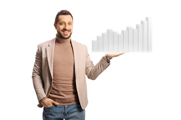 Smiling Young Man Holding Bar Chart Diagram One Hand Isolated — Stock Photo, Image