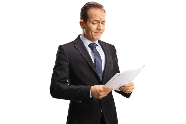 Disappointed Businessman Looking Document Isolated White Background —  Fotos de Stock