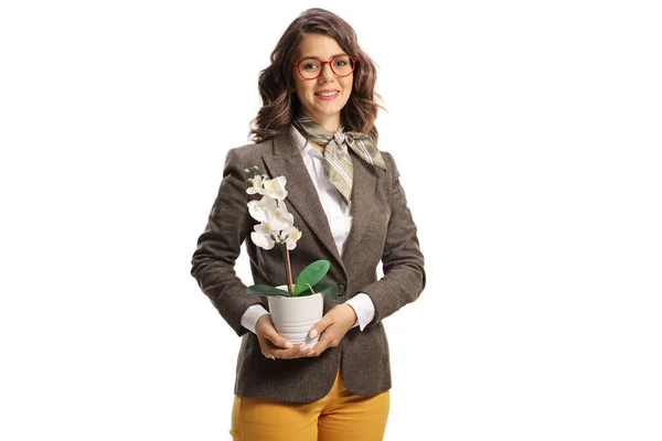 Ung Elegant Kvinna Som Håller Orkidé Blomkruka Isolerad Vit Bakgrund — Stockfoto