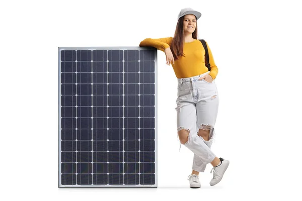Full Length Portrait Female Student Leaning Solar Panel Smiling Camera — Stock Photo, Image