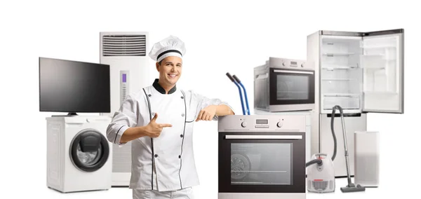 Male Chef Posing Store Electrical Appliances Pointing Isolated White Background — Stock Photo, Image