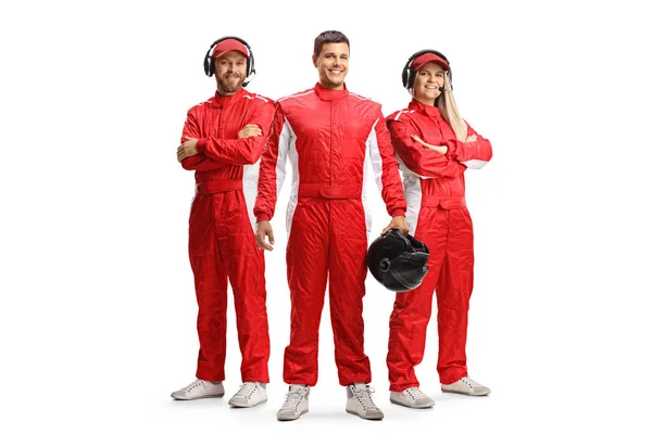 Racer Members Racing Team Red Overall Suits Posing Looking Camera — 스톡 사진