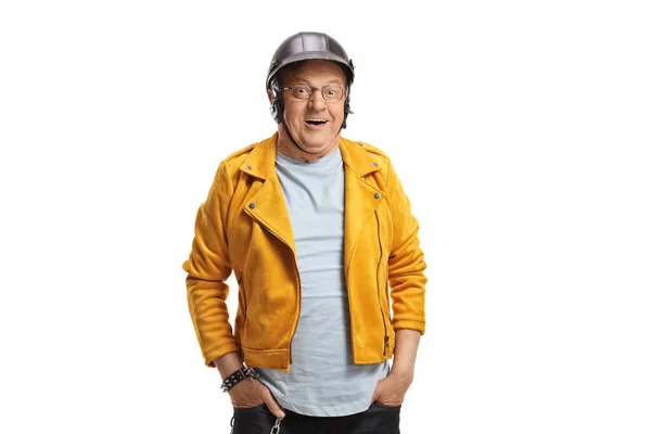 Full Length Portrait Elderly Man Yellow Leather Jacket Ahd Helmet — Stock Photo, Image