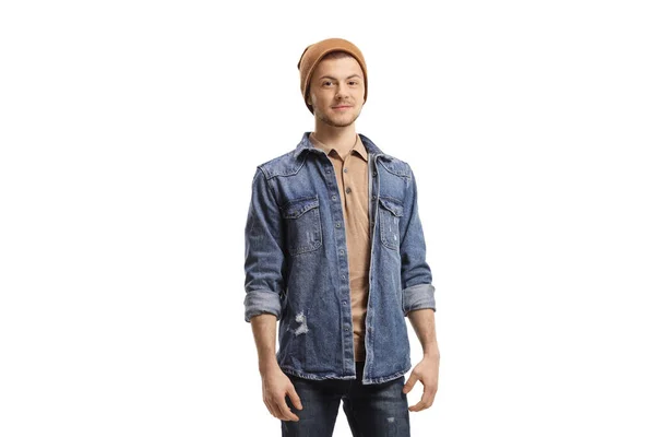 Portrait Guy Jeans Woolen Hat Looking Camera Isolated White Background — Zdjęcie stockowe