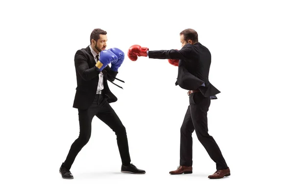 Full Length Profile Shot Two Businessmen Fighting Boxing Gloves Isolated — Stock Photo, Image