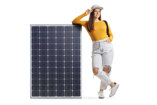 Full Length Portrait Female Student Leaning Solar Panel Isolated White — Stockfoto