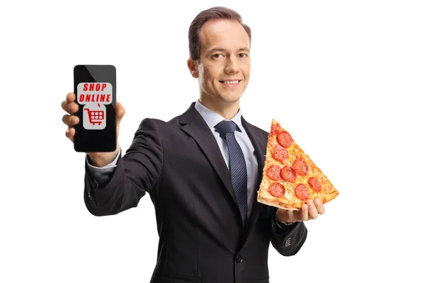 Businessman Holding Slice Pizza Showing Smartphone Text Shop Online Isolated — Stockfoto