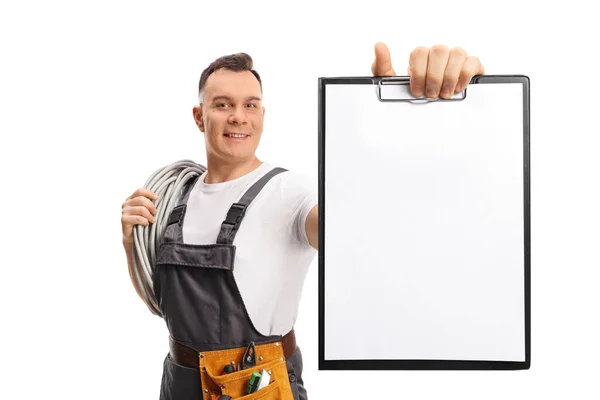 Electrician Carrying Cables His Shoulder Showing Clipboard Paper Document Isolated —  Fotos de Stock