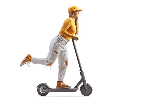 Full Length Profile Shot Young Casual Female Riding Electric Scooter — Stock Photo, Image
