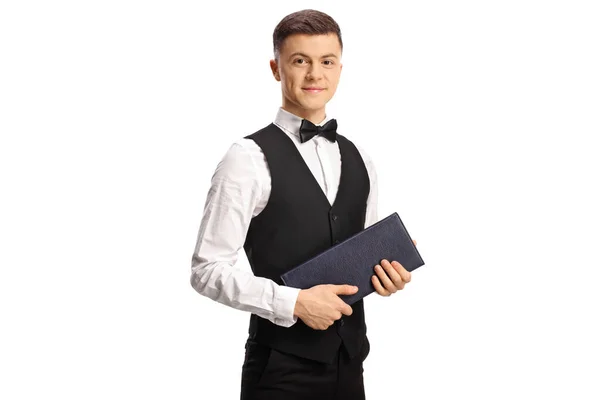 Young Waiter Bow Tie Looking Camera Holding Menu Isolated White — Foto de Stock