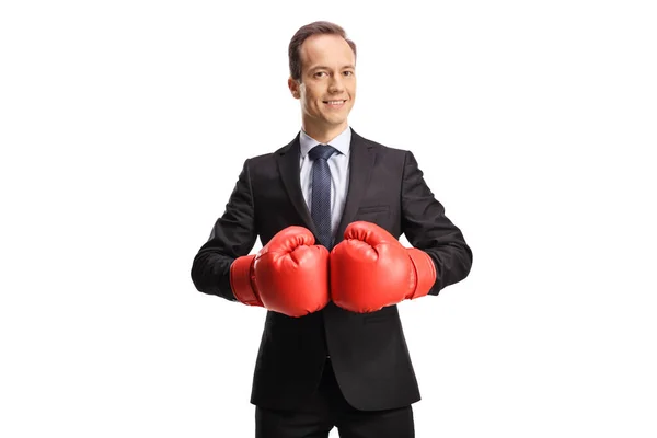 Retrato Hombre Negocios Con Guantes Boxeo Rojos Aislados Sobre Fondo —  Fotos de Stock