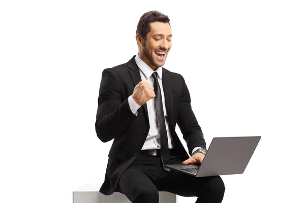 Businessman Sitting Using Laptop Computer Gesturing Happiness Isolated White Background — Stock Photo, Image