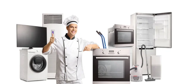 Male Chef Gesturing Thumbs Posing Electrical Home Appliances Isolated White — Stockfoto