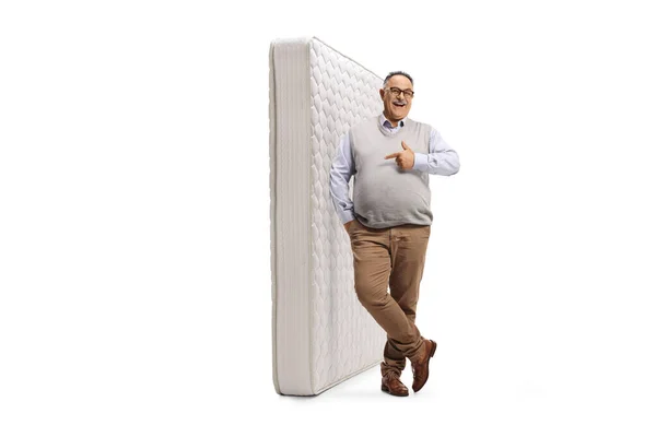 Mature Man Leaning Bed Mattress Isolated White Background — Stok fotoğraf