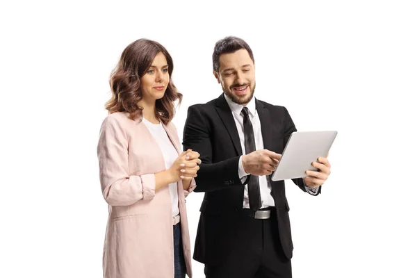 Professional Man Black Suit Showing Digital Tablet Woman Isolated White — Stock Photo, Image