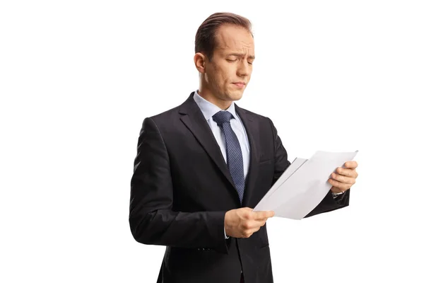 Empresario Leyendo Documento Aislado Sobre Fondo Blanco —  Fotos de Stock