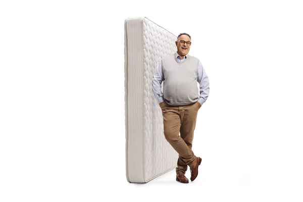 Full Length Portrait Mature Man Leaning Bed Mattress Isolated White — Stock Photo, Image