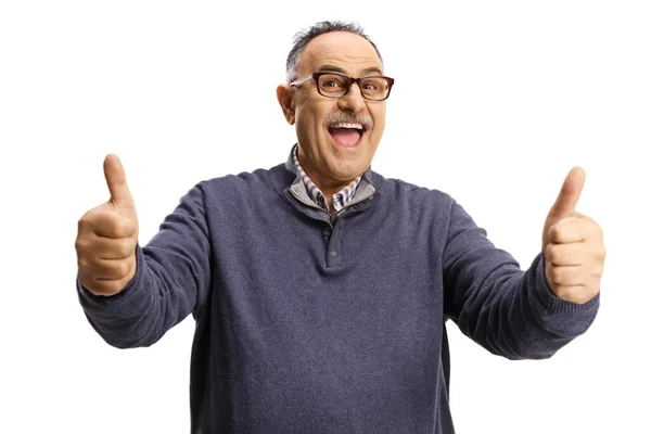 Excited Mature Man Gesturing Thumbs Isolated White Background — 스톡 사진