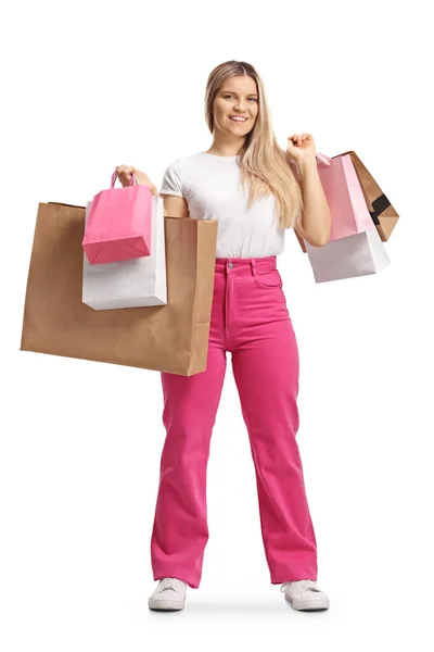 Happy Young Woman Pink Jeans Holding Many Shopping Bags Looking — Foto Stock