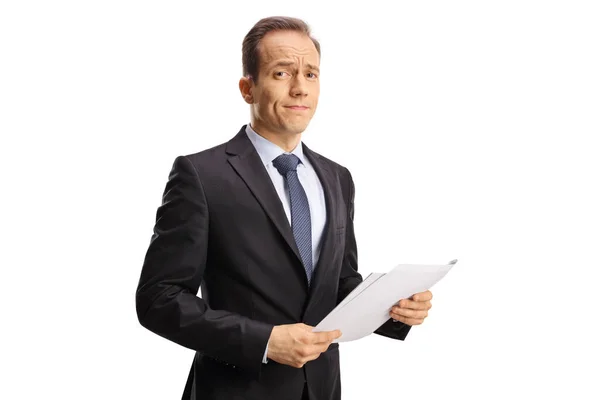 Disappointed Businessman Holding Document Isolated White Background — Foto Stock