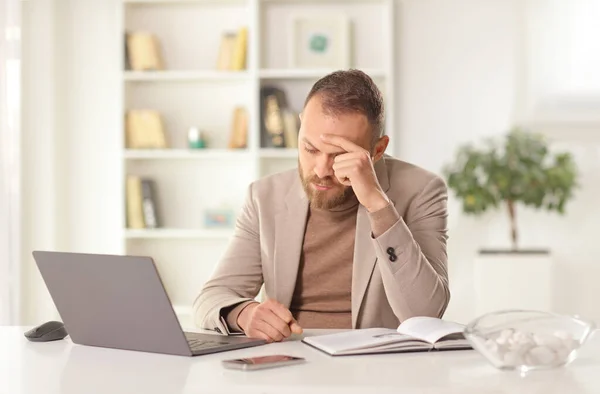Tired Young Man Working Home Laptop Computer Sitting Holding His — Stockfoto