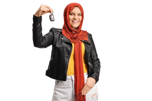 Young Woman Hijab Holding Car Keys Smiling Isolated White Background — стоковое фото