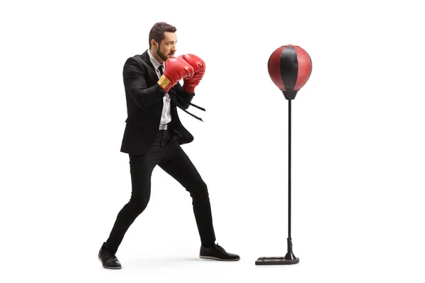 Full Length Profile Shot Man Suit Boxing Gloves Training Punch — Zdjęcie stockowe