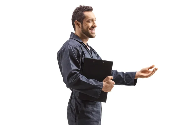 Mechanic Uniform Standing Gesturing Hand Isolated White Background —  Fotos de Stock