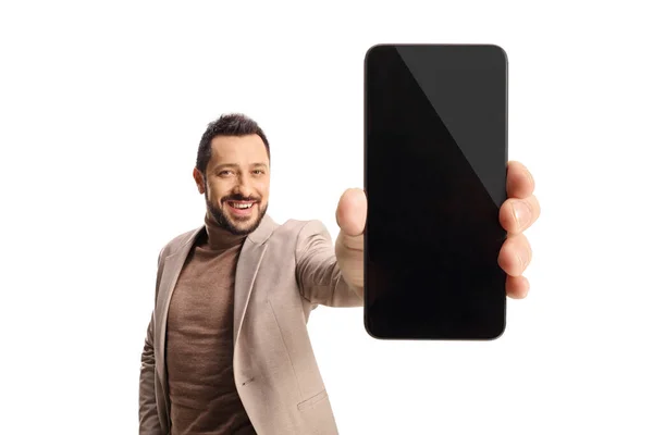Smiling Man Showing Blank Screen Smartphone Front Camera Isolated White — Stok fotoğraf