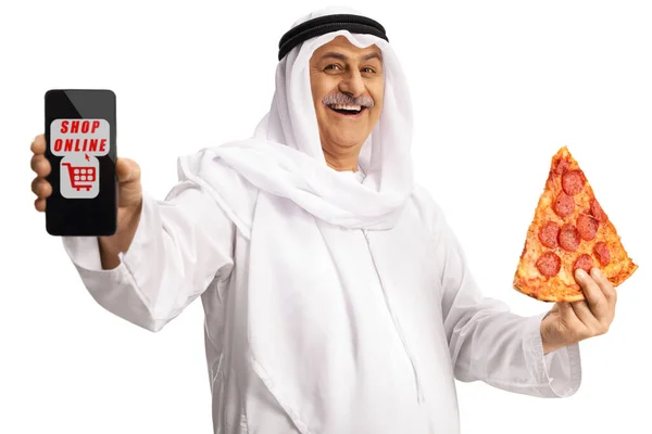 Arab Holding Slice Pepperoni Pizza Showing Smartphone Online Order Isolated — стокове фото