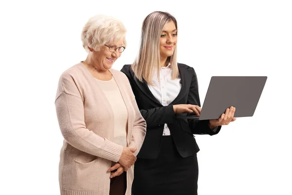 Businesswoman Holding Laptop Computer Standing Elderly Woman Isolated White Background — Photo