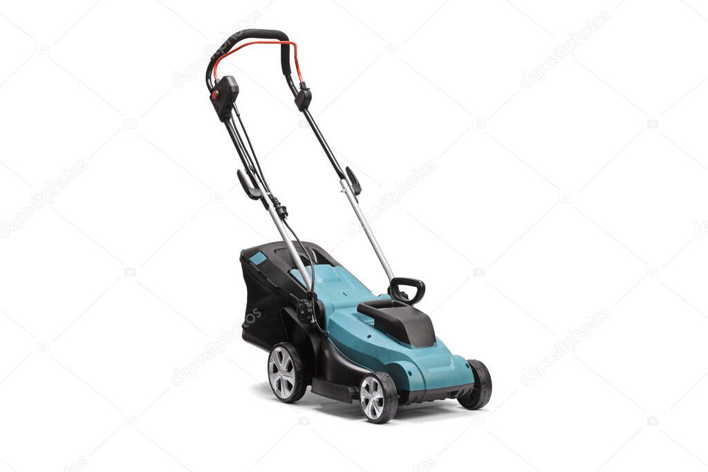 Studio shot of a modern lawn mower isolated on white background