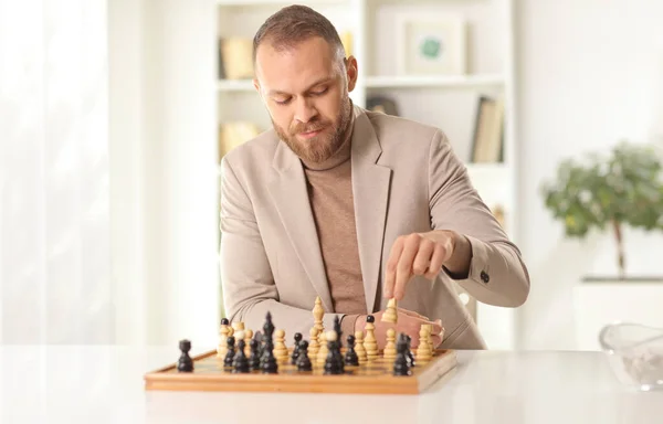 Young Man Playing Chess Alone Home — Stock Photo, Image