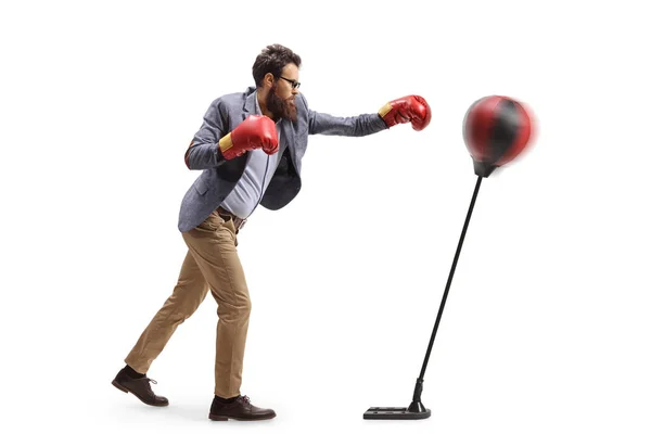 Man Formal Work Clothes Boxing Gloves Stand Punch Bag Isolated — Stockfoto